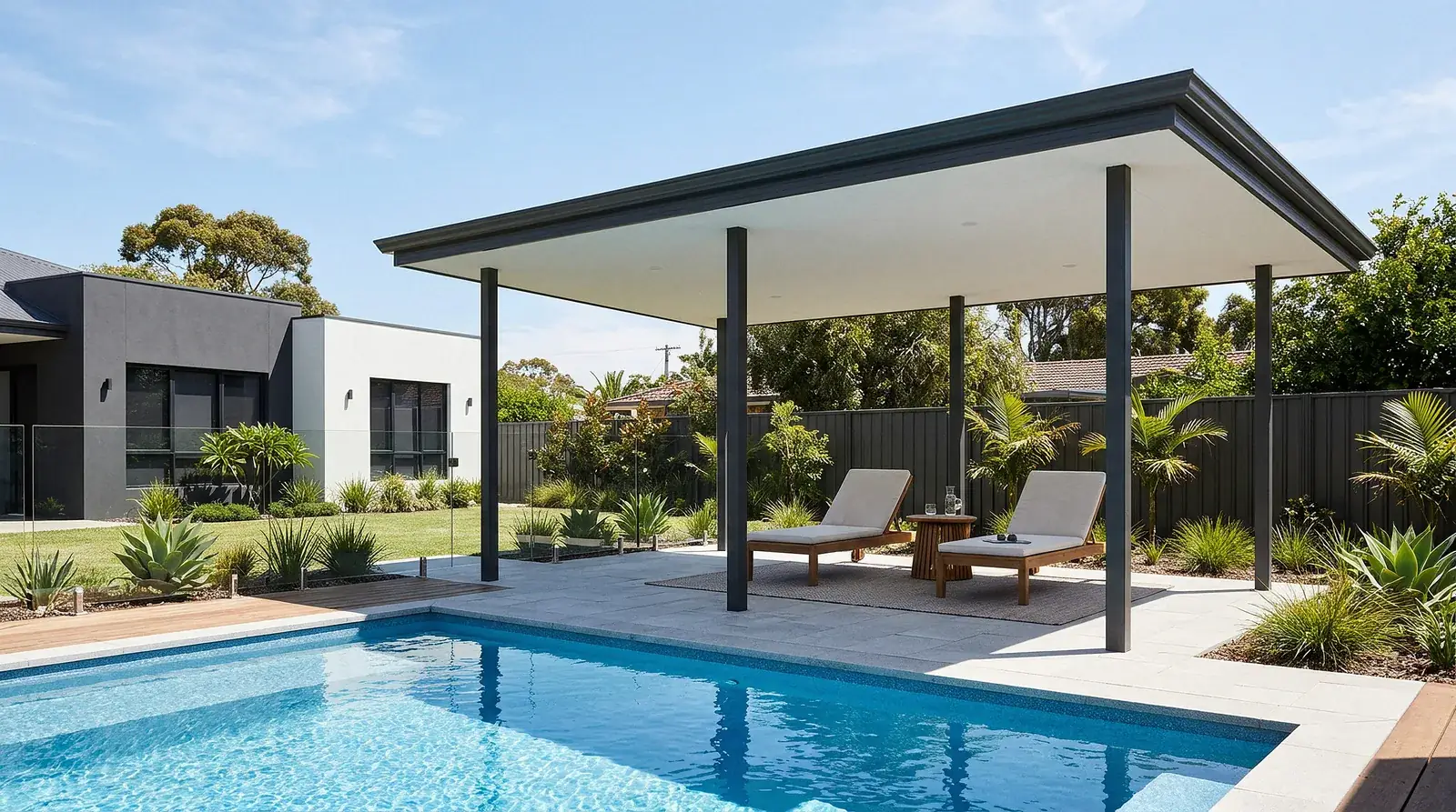 A freestanding flat roof patio beside a swimming pool, standing clear of the house on four charcoal posts with sun loungers in the shade beneath it and open sky in the gap between the two