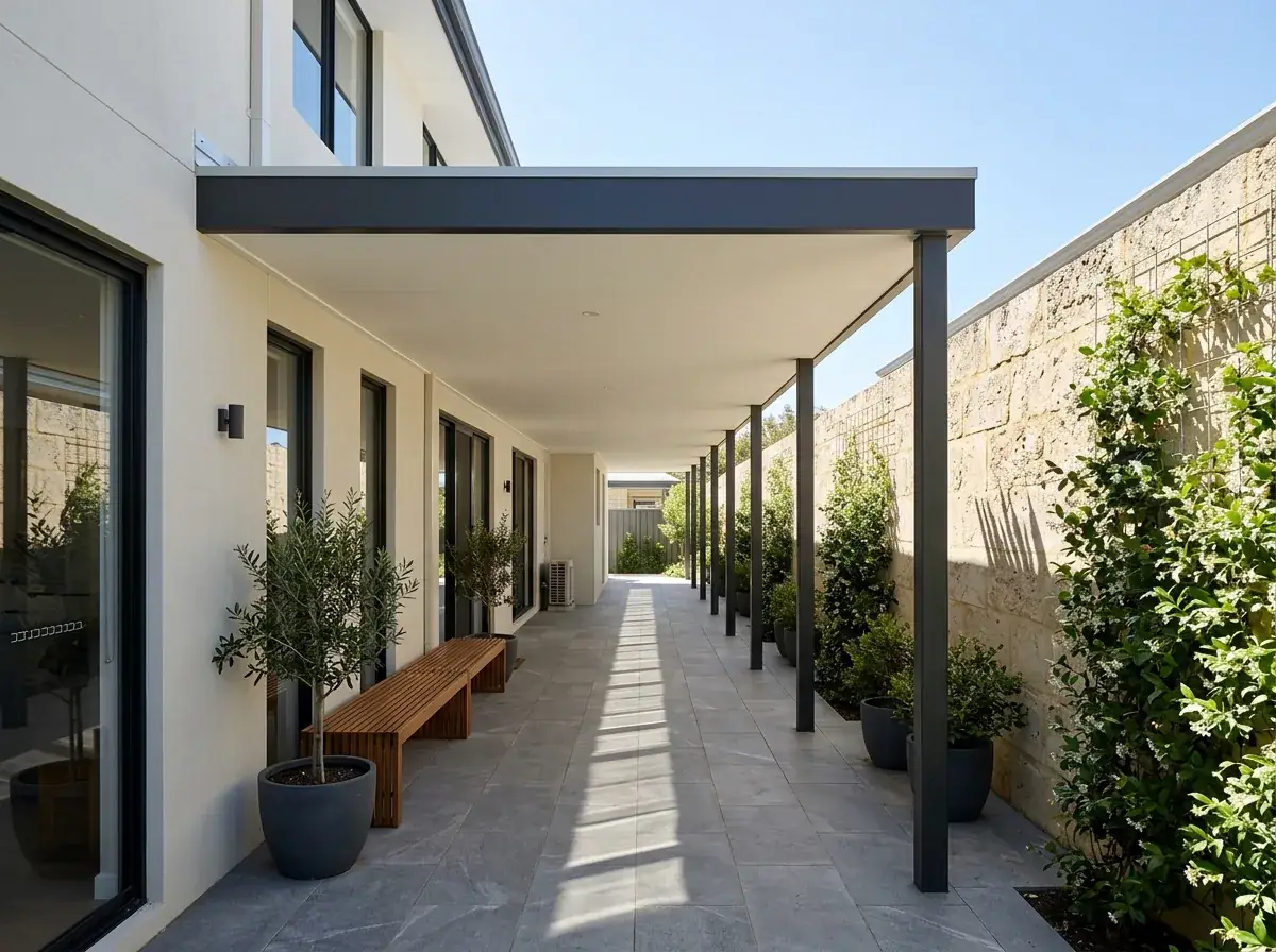 A long flat roof patio down the side courtyard of a Perth home, the flat roofline carried on a row of charcoal posts between the house wall and a limestone boundary wall