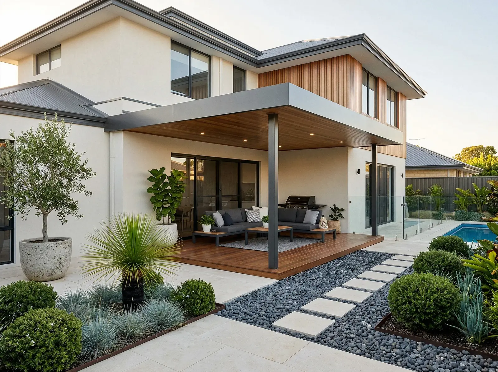 A flat roof patio attached to a rendered Perth home, its dead level roofline fixed to the house wall and carried on slim steel posts above a timber deck, with limestone paving, pebble beds and native planting around it