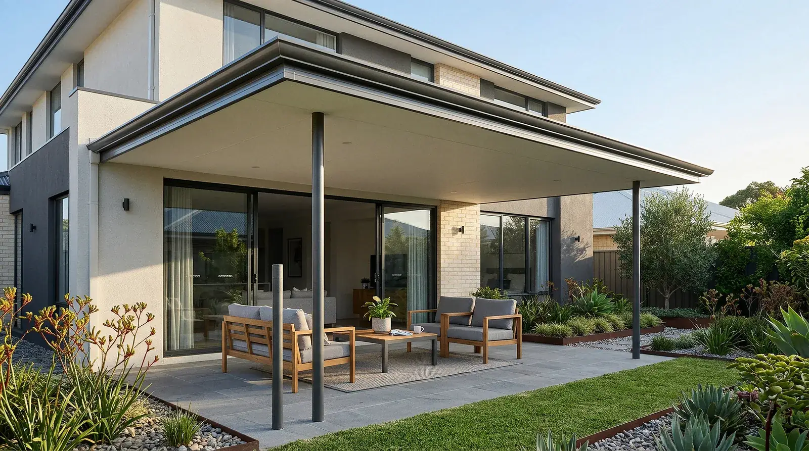 A flat roof patio attached to a rendered Perth home, its straight fascia running the width of the frame with no ridge, carried on two slim charcoal posts over a paved terrace