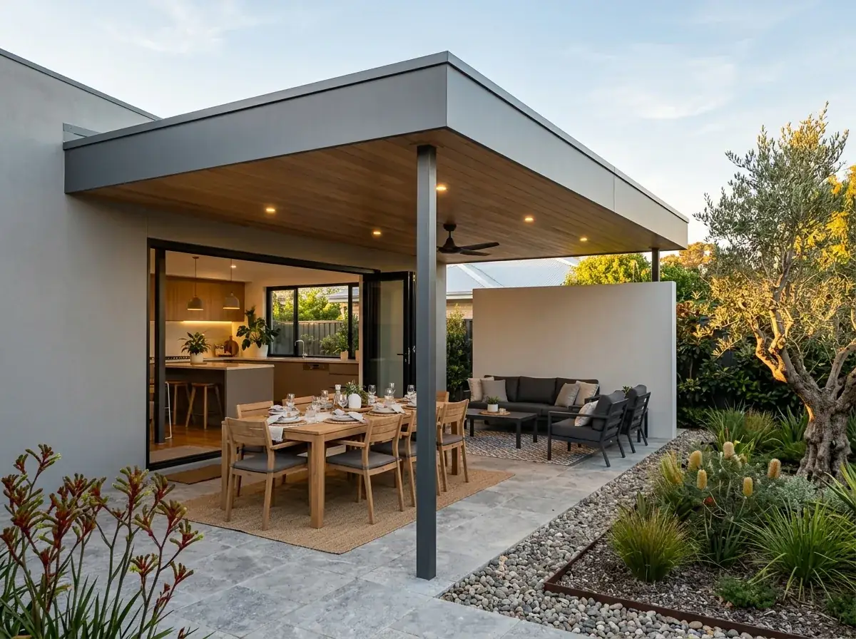 Flat roof alfresco on a rendered Perth home, timber lined ceiling and ceiling fan over a dining setting sheltered by a blade wall