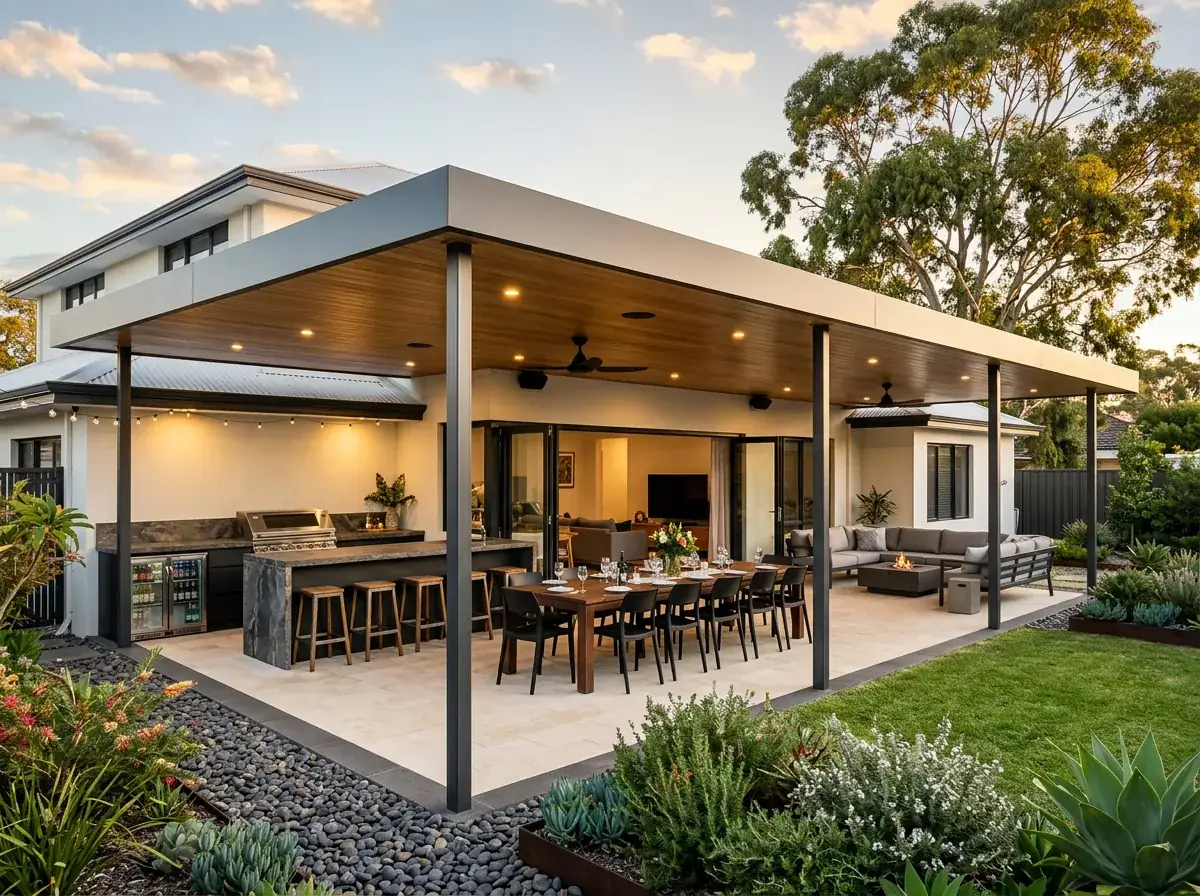 Wide flat roof entertaining patio at a Perth home, level roofline over a built in outdoor kitchen, a long dining table and a lounge setting
